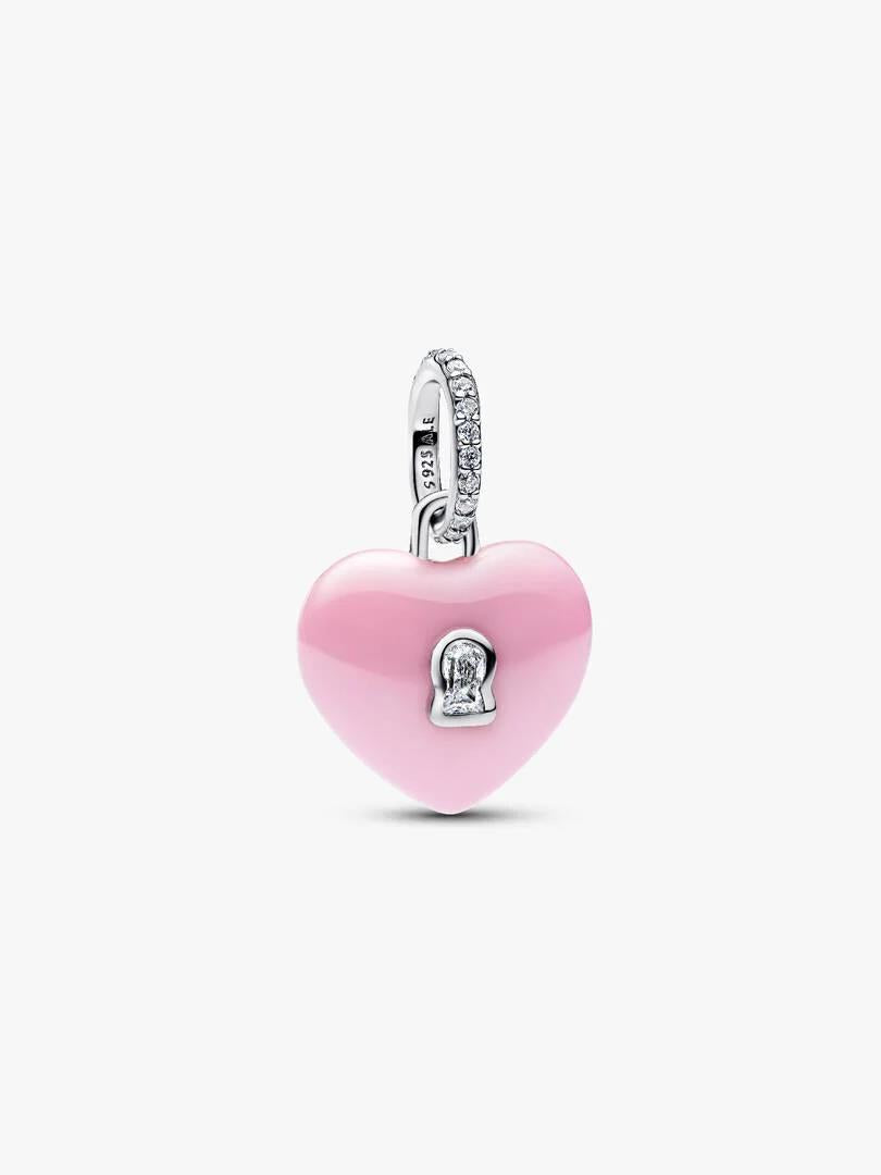 Pendente Pandora Prata Cadeado Coração Cerâmica Rosa
