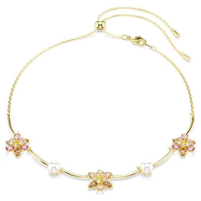Colar Swarovski Idyllia Crystal Pearl, Combinação de lapidações, Flor, Multicor, Lacado a dourado