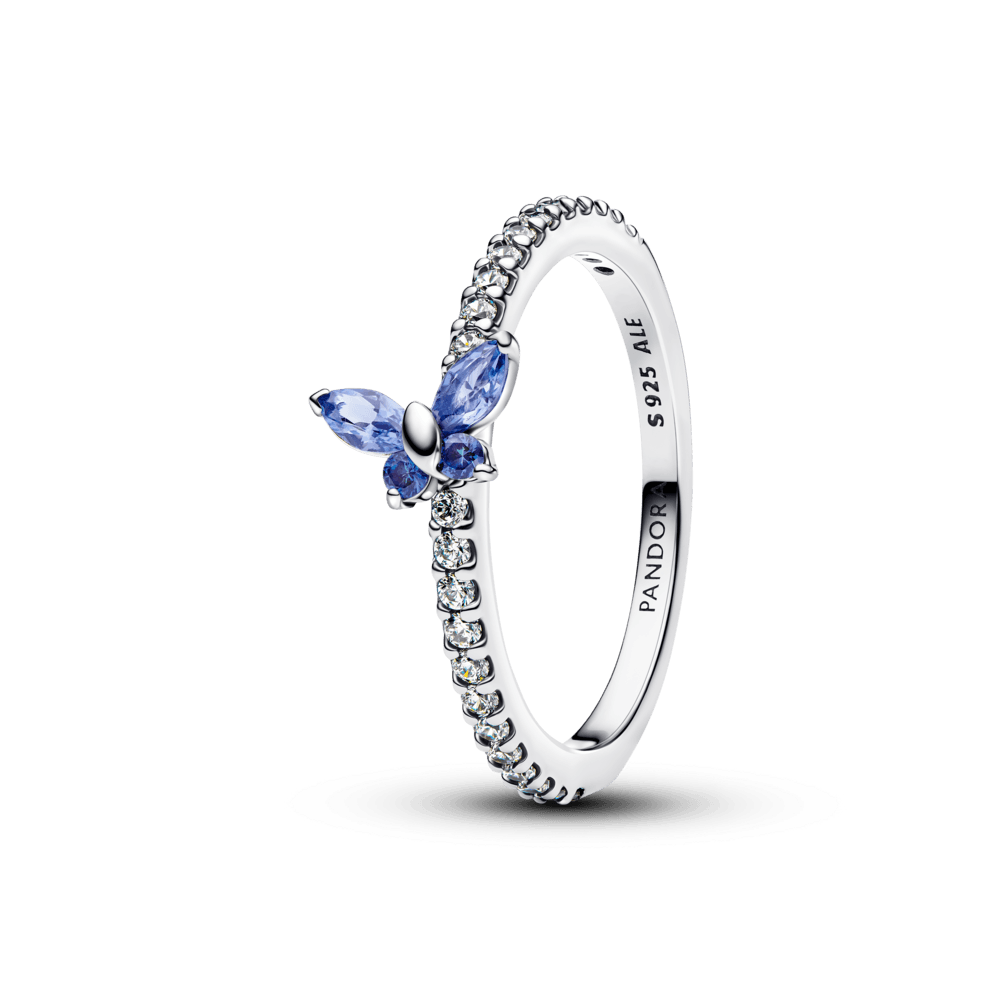 Anel Pandora Butterfly sterling silver ring with cornflower blue crystal