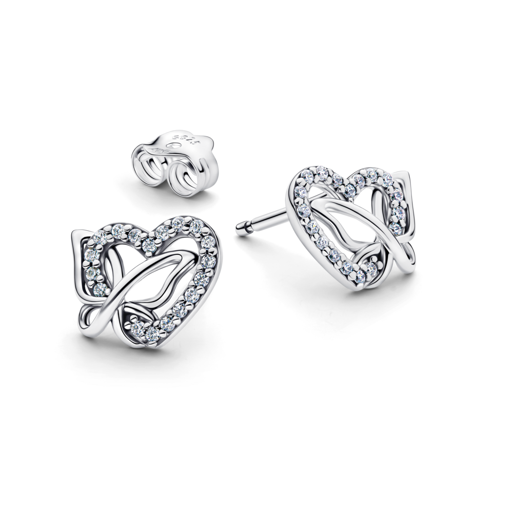 Brincos Pandora coração e borboleta entrelaçados
