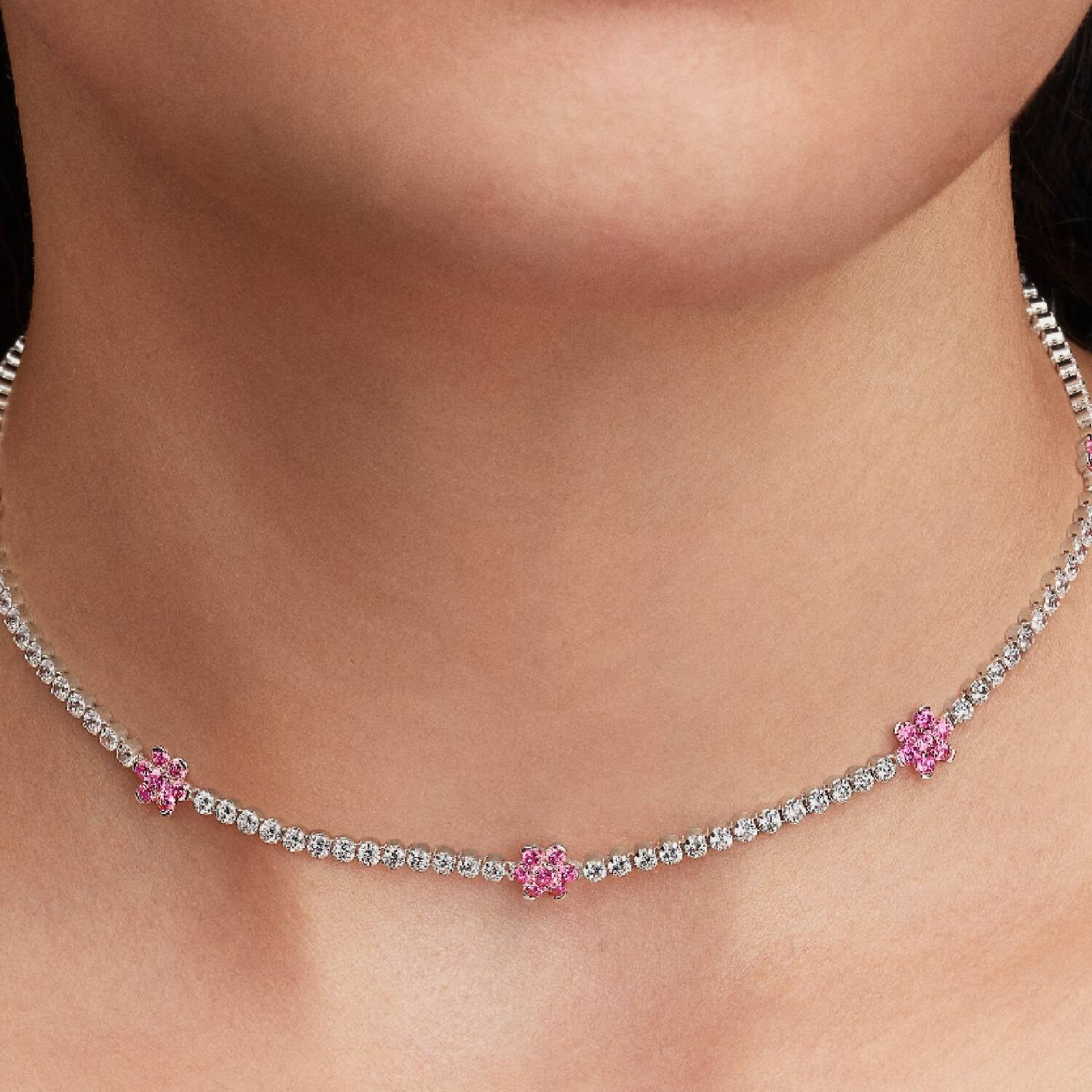 Colar Pandora Flower choker with fancy pink