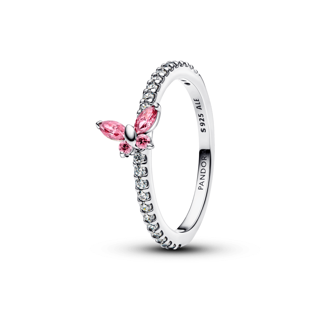 Anel Pandora Butterfly sterling silver ring with fancy pink