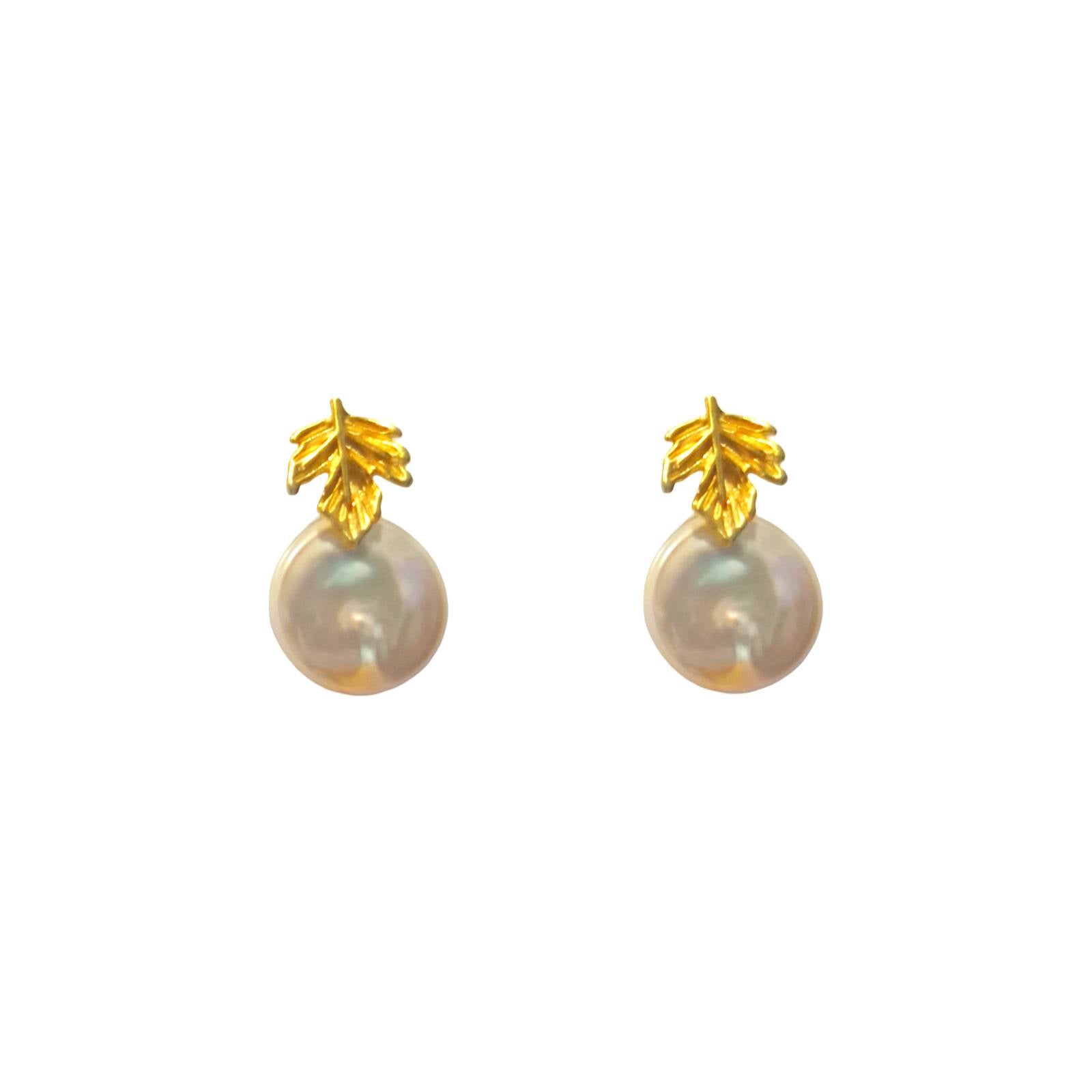 Ana Joalheiros SILVER LEAF+PEARL COIN EARRING PQ.
