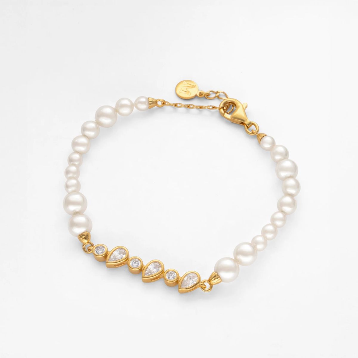 Pulseira Majorica Nova Dourada Pérolas e Zircónias
