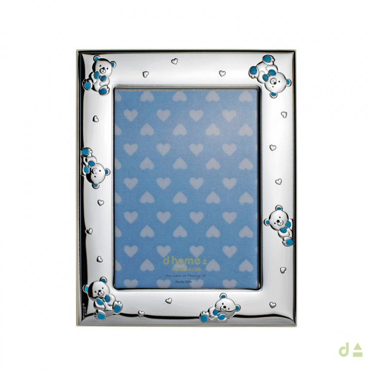 Moldura Batismo Urso Corações Azul 9x13 - Ana Joalheiros