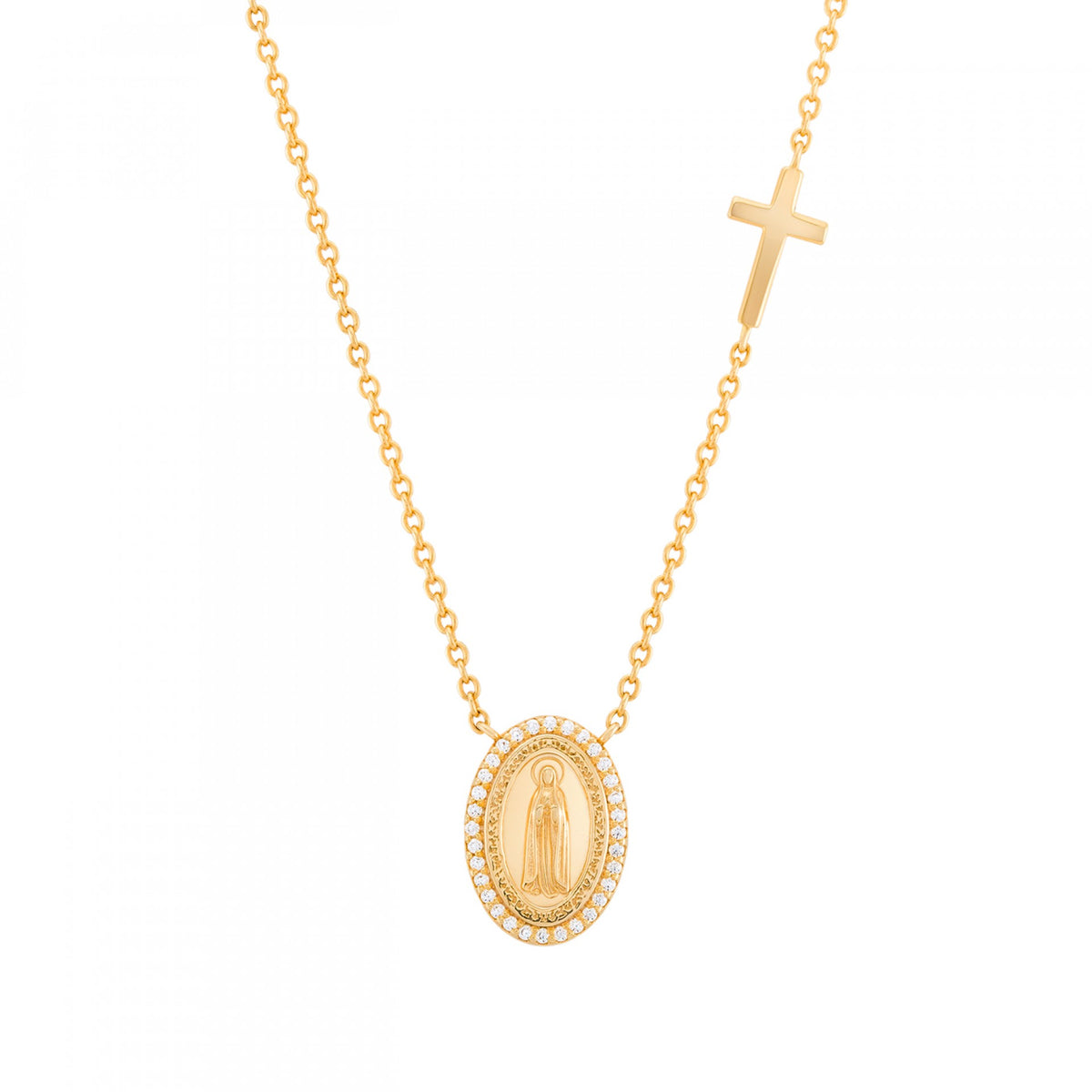 Colar dourado com zircónias e pendente Nossa Senhora de Fátima e cruz da marca Unike