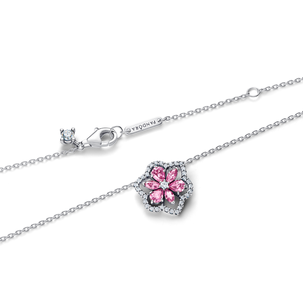 Colar Pandora Pendente Flor Rosa Herbário Cintilante