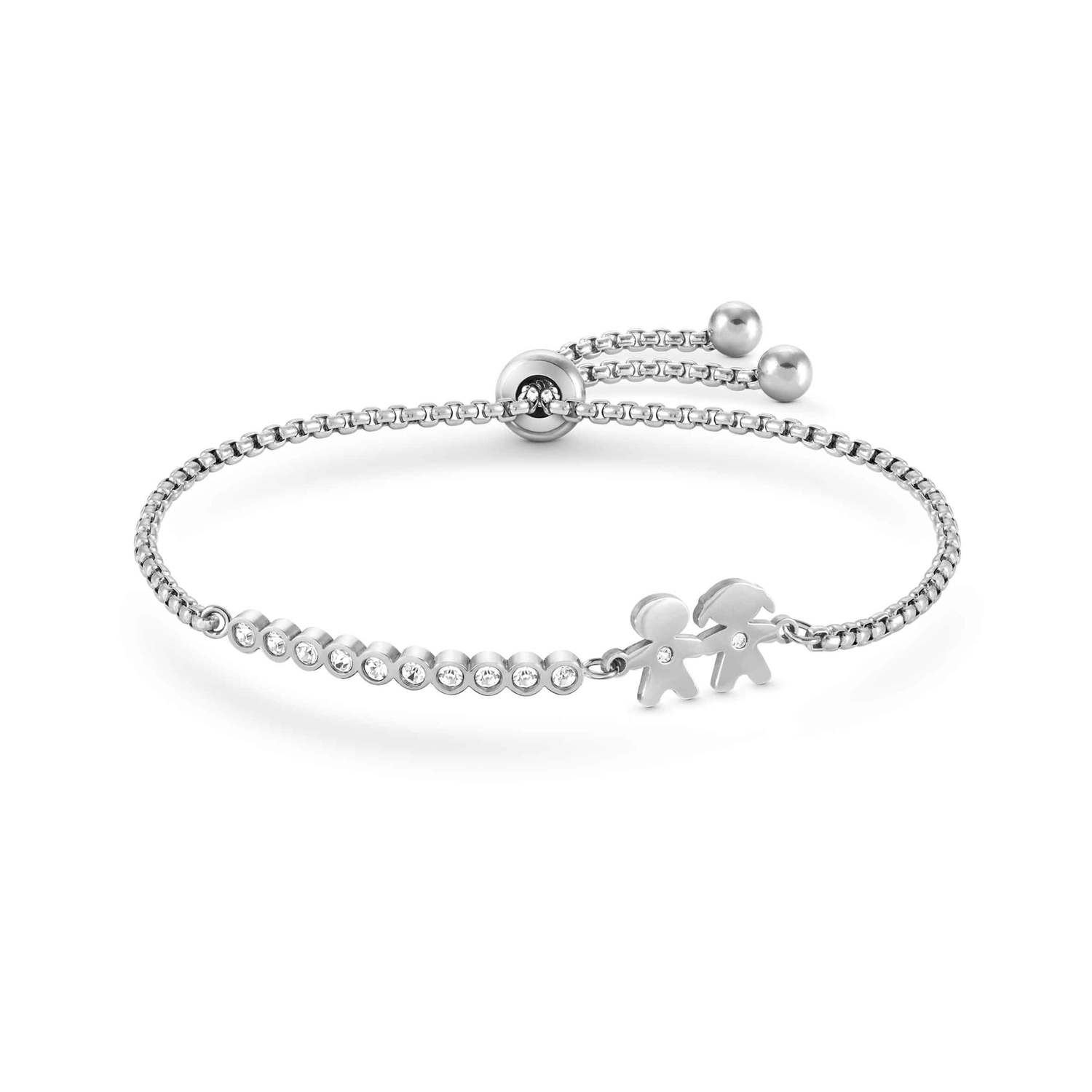 Ana Joalheiros - Nomination pulseiras - Pulseira aço inoxidavel com menino e menina e zircónias Milleluci