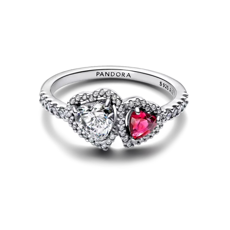Hearts sterling silver ring with cherries jubilee red crystal and clear cubic zi - Ana Joalheiros