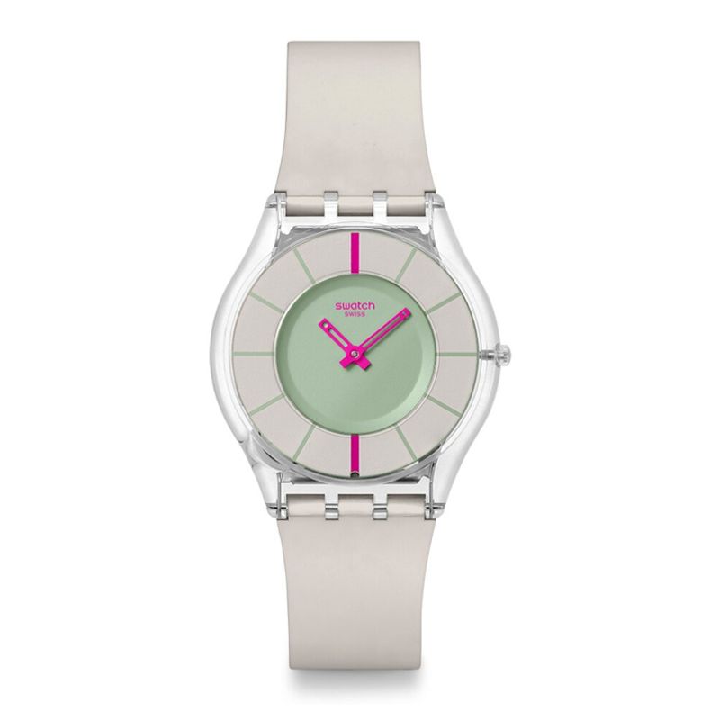 Ana Joalheiros - Relógio Swatch com caixa transparente, fundo verde claro e bracelete branca