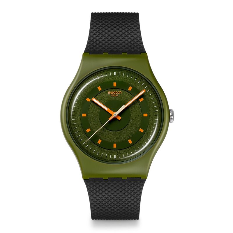 Ana Joalheiros - Relógio com caixa verde escura, ponteiros e detalhes laranjas, e bracelete preto mate texturizada