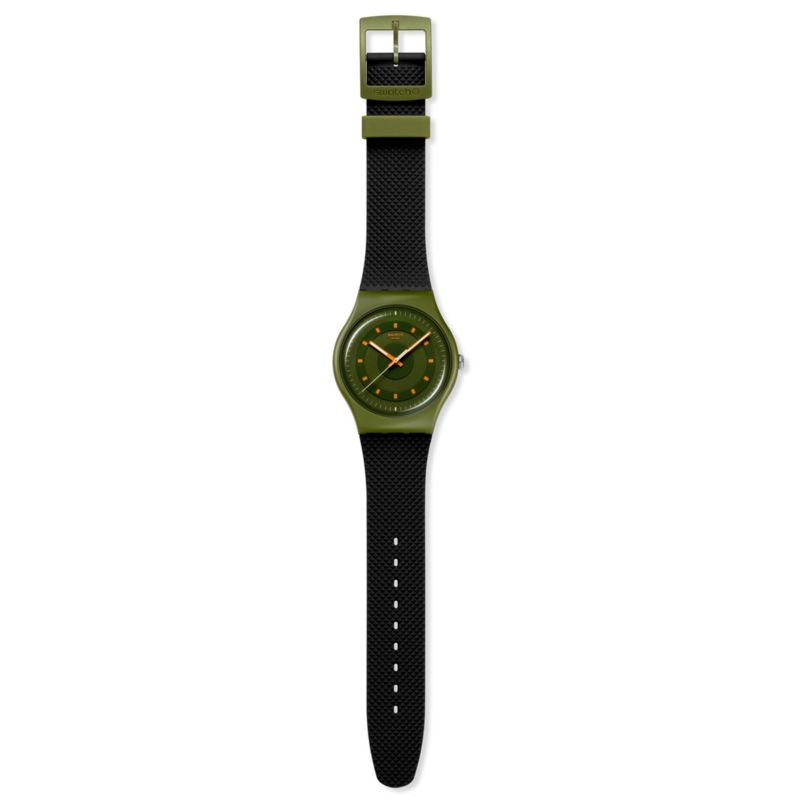 Ana Joalheiros - Relógio com caixa verde escura, ponteiros e detalhes laranjas, e bracelete preto mate texturizada SO29G113
